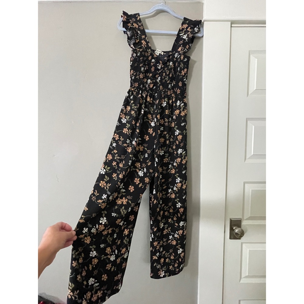 Inspired Hearts Womens Floral Smocked Ruffle Wide Leg Jumpsuit Black Orange M